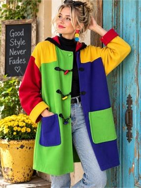 Blanco Oversized Wool Colour Block Duffle Coat Hooded Toggle Jacket 80s 90s